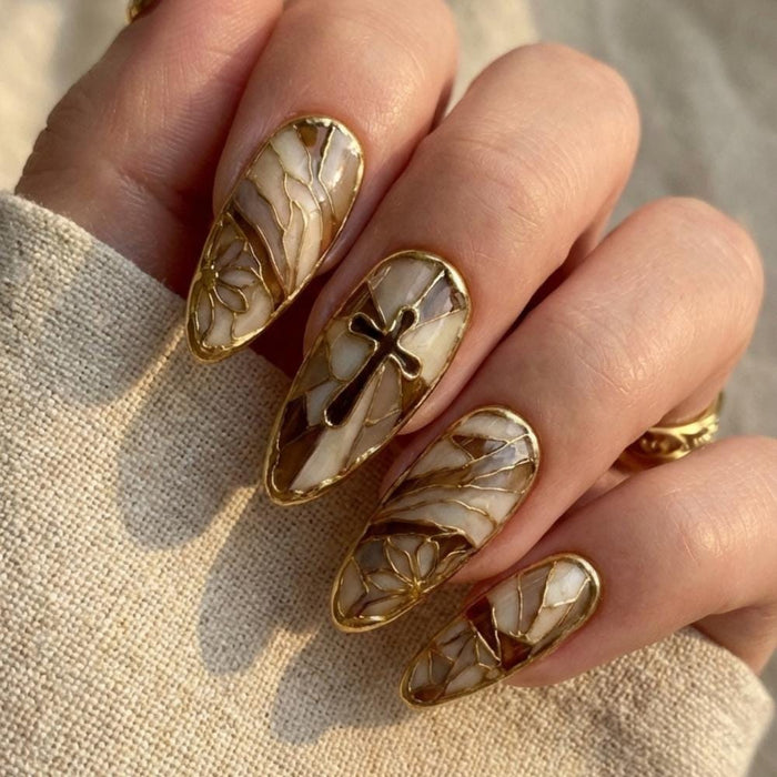 Stained Glass Cathedral Press On Nails with Gold Outlines and Cross Details