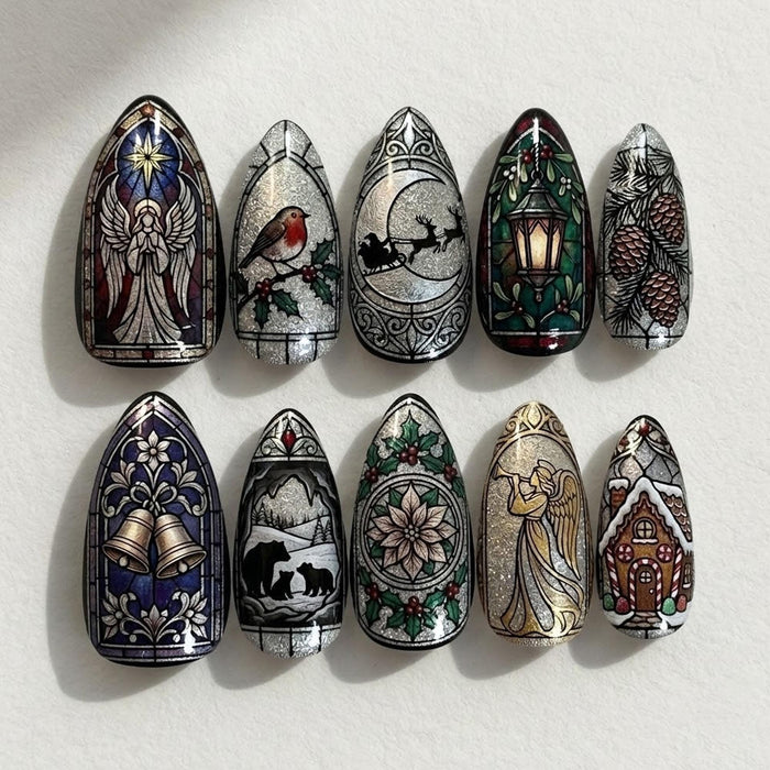Stained Glass Christmas Press On Nails With Angel, Reindeer, Holly and Vintage Holiday Motifs