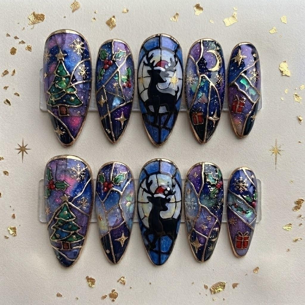Stained Glass Christmas Nails With Reindeer, Trees, and Snowflakes