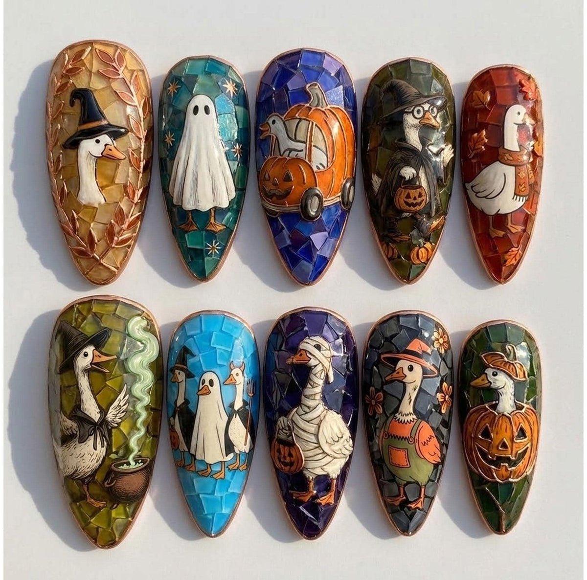 Stained Glass Halloween Goose Press-On Nails With Ghosts, Witches & Pumpkins
