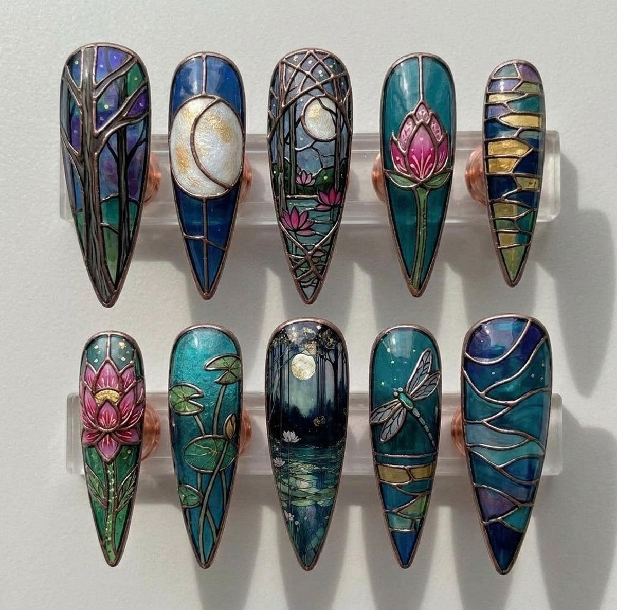 Stained Glass Moon, Lotus & Dragonfly Nail Set