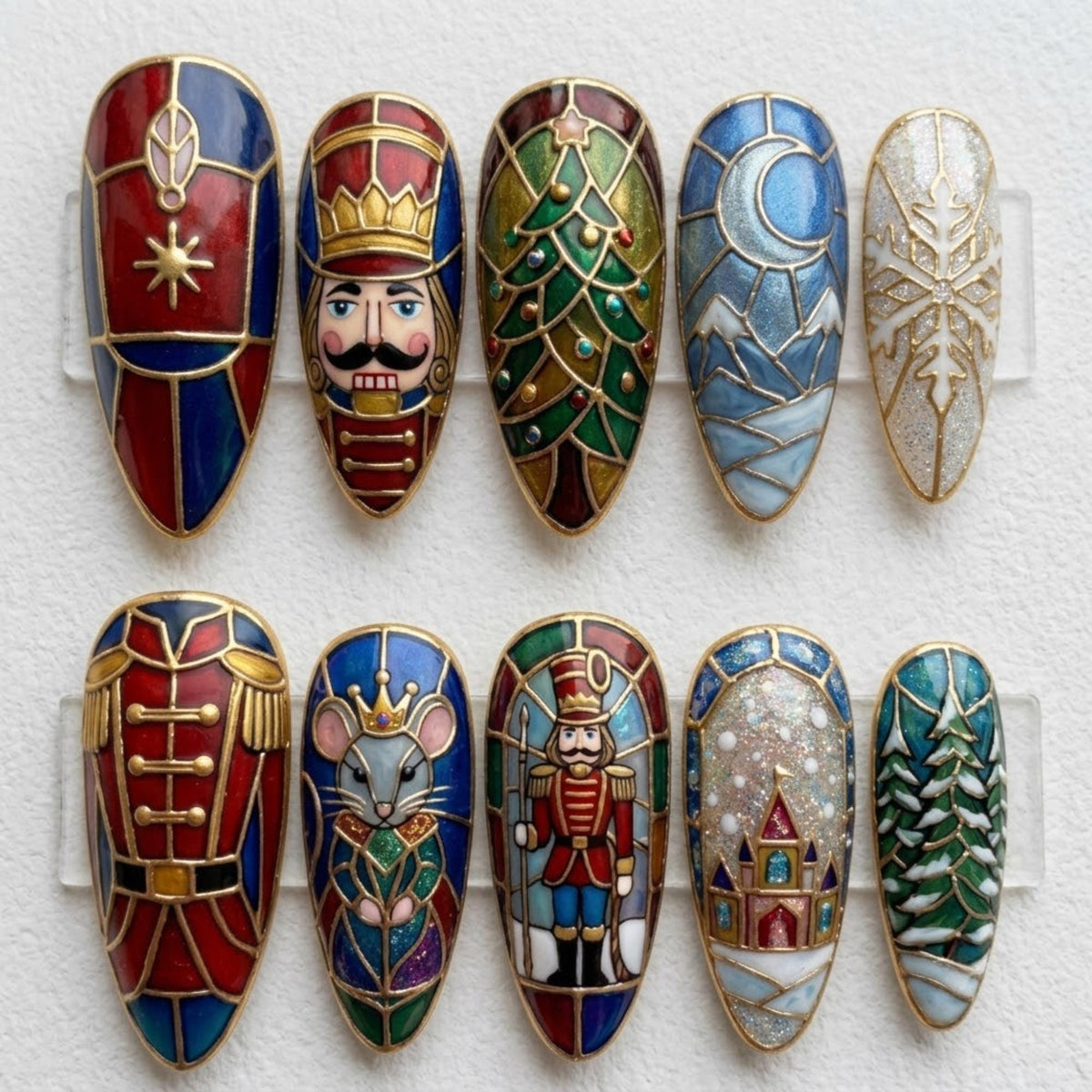 Stained Glass Nutcracker Christmas Nail Set With Gold Outlines