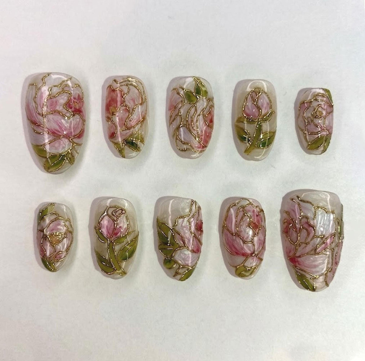 Stained Glass Rose Press-On Nails With Gold Outlines