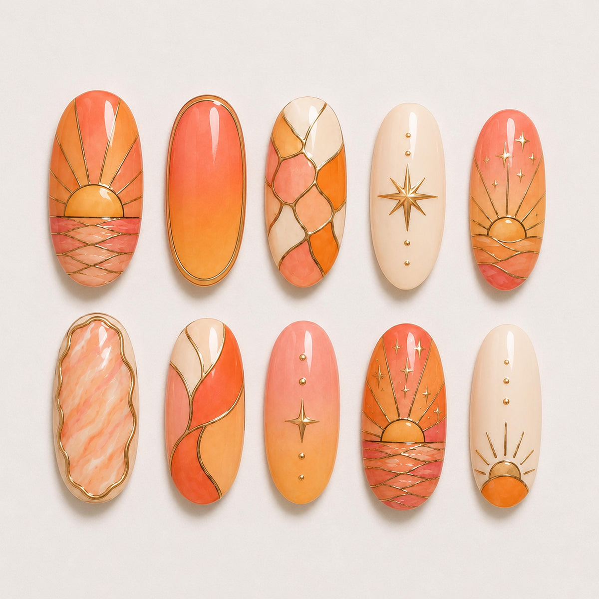 Stained Glass Sunset Press On Nails With Gold Outlines and Sunburst Details