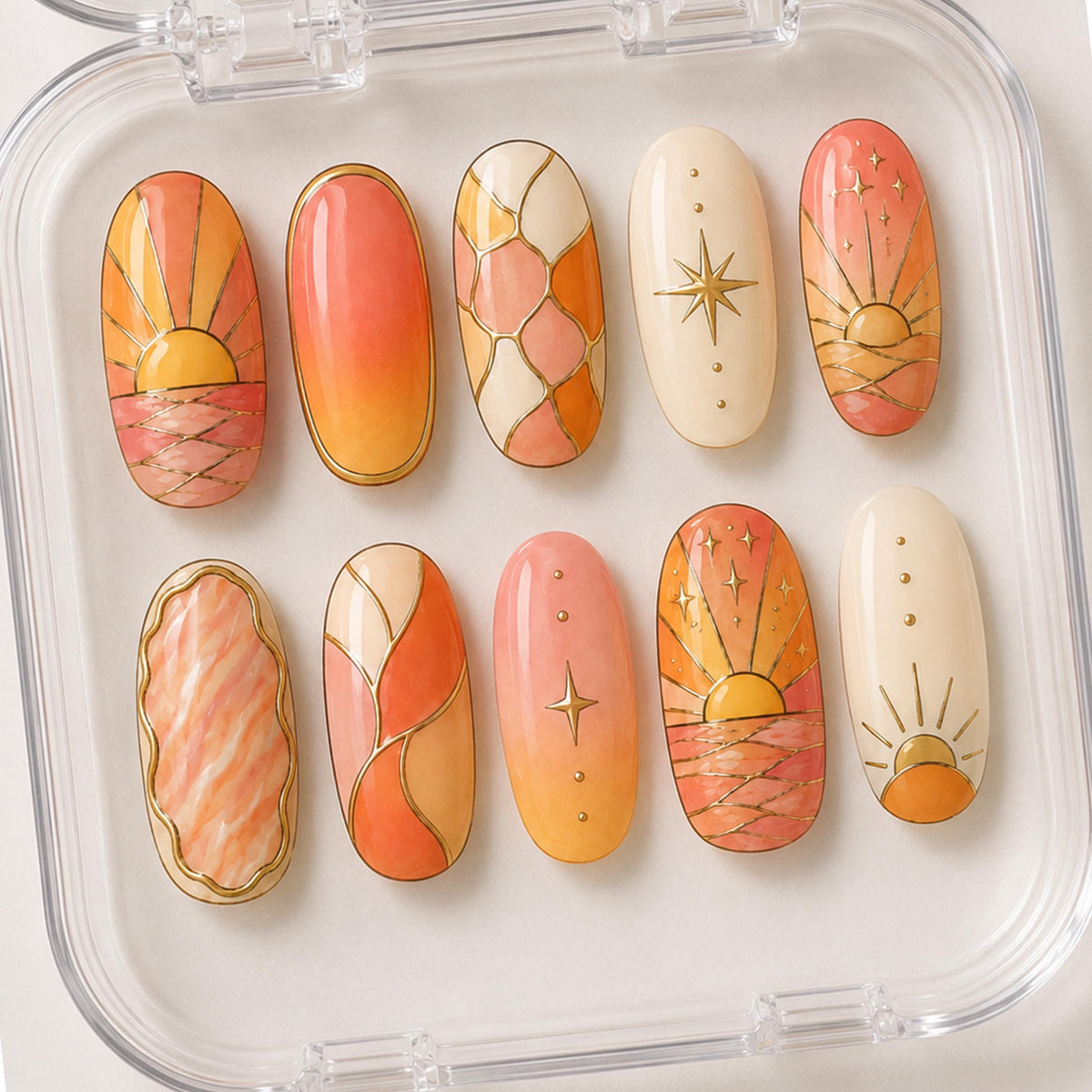 Stained Glass Sunset Press On Nails With Gold Outlines and Sunburst Details