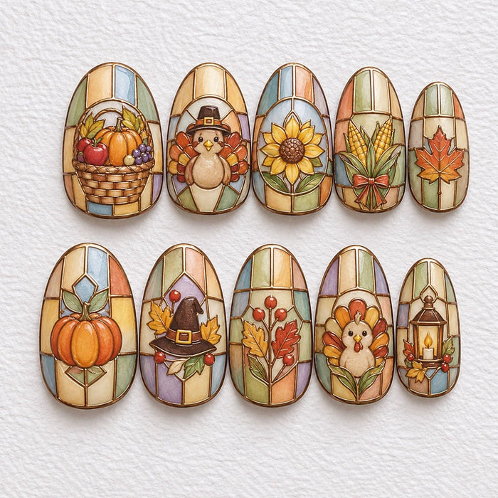Stained Glass Thanksgiving Harvest Press On Nails