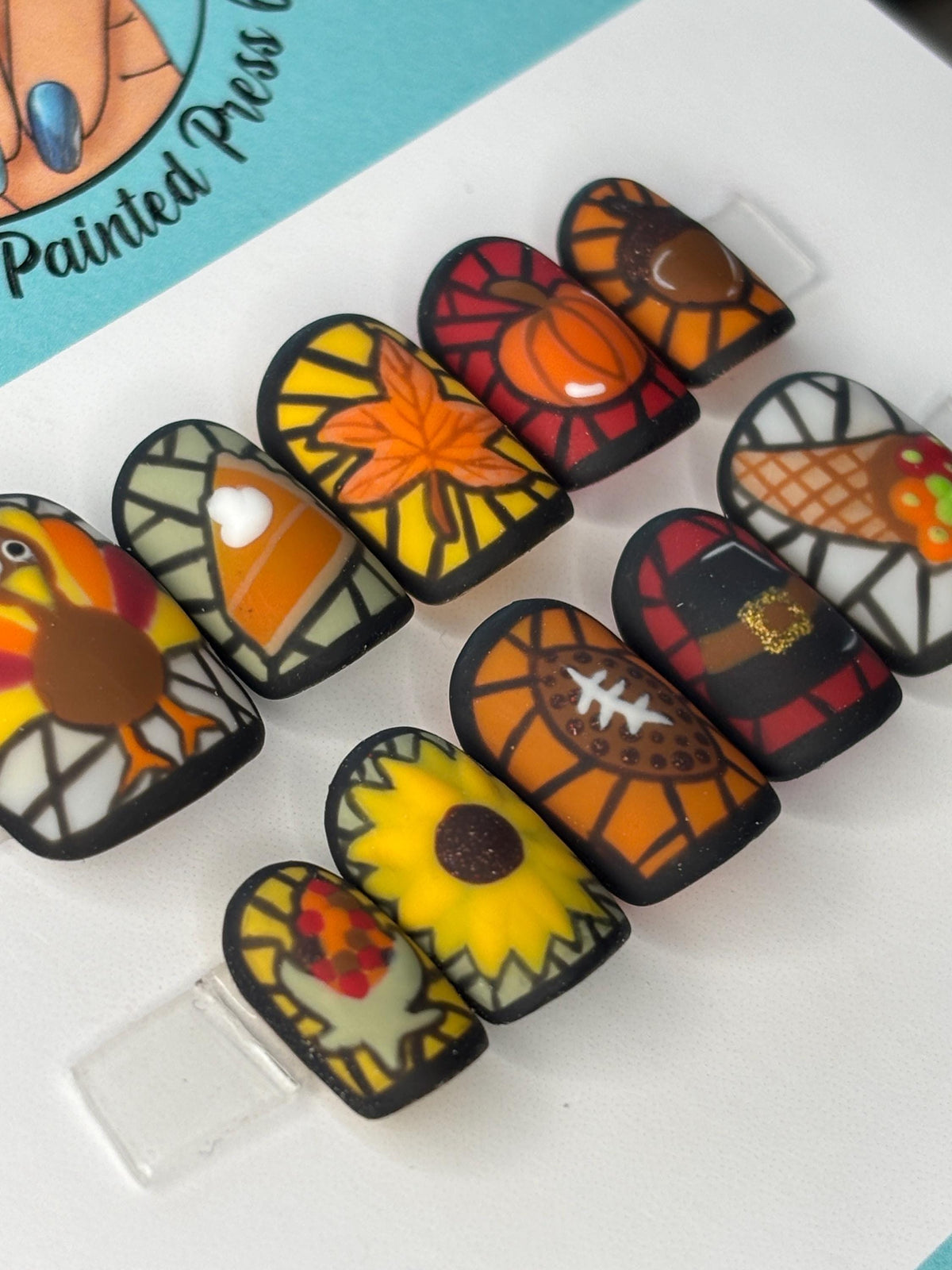 Stained Glass Thanksgiving Press On Nails With Autumn Motifs