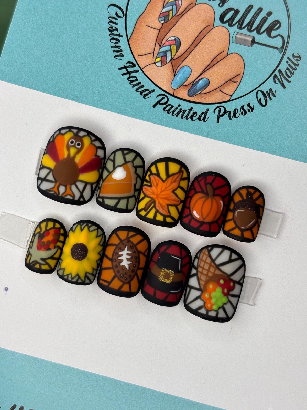 Stained Glass Thanksgiving Press On Nails With Autumn Motifs