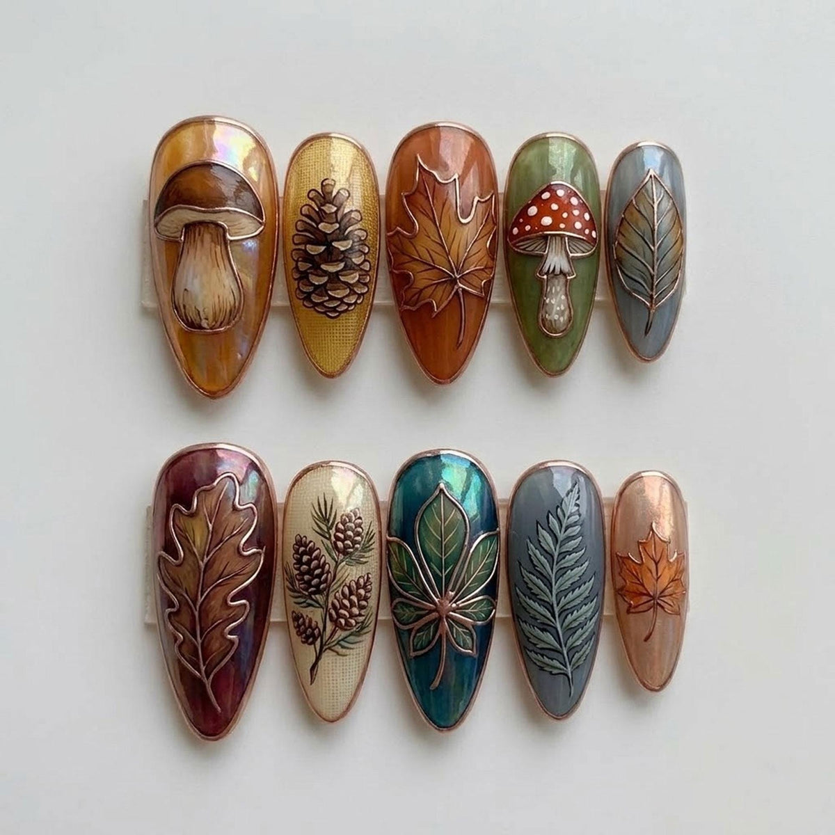 Stained Glass Woodland Press-On Nails With Copper Outlines