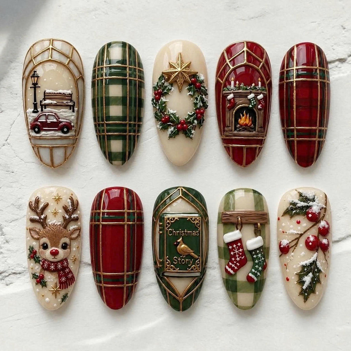 Storybook Christmas Tartan Press-On Nail Set With Festive Scenes