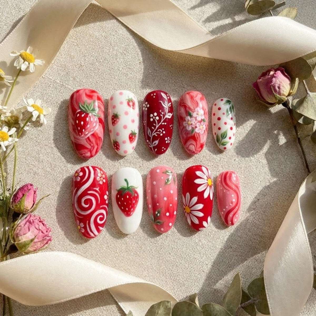Strawberry and Daisy Cottage Garden Nail Set