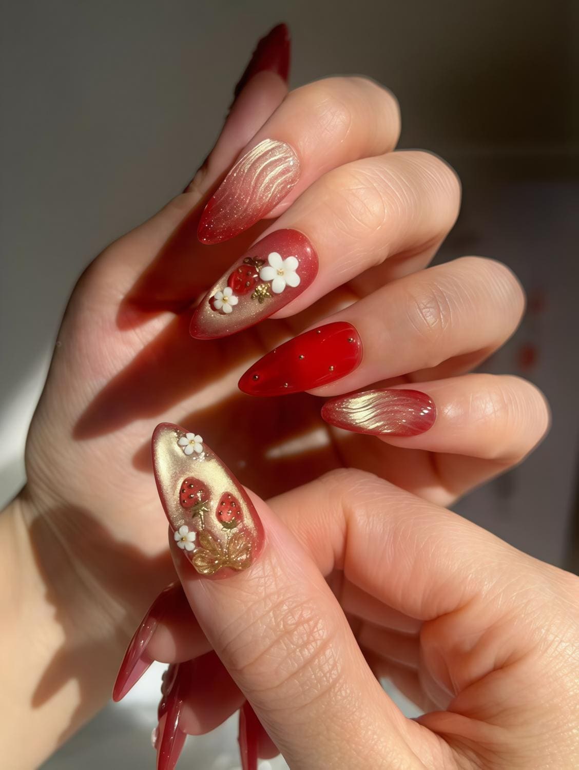 Strawberry Bloom Press On Nails with Red, Nude, White Flowers, and Gold Swirls