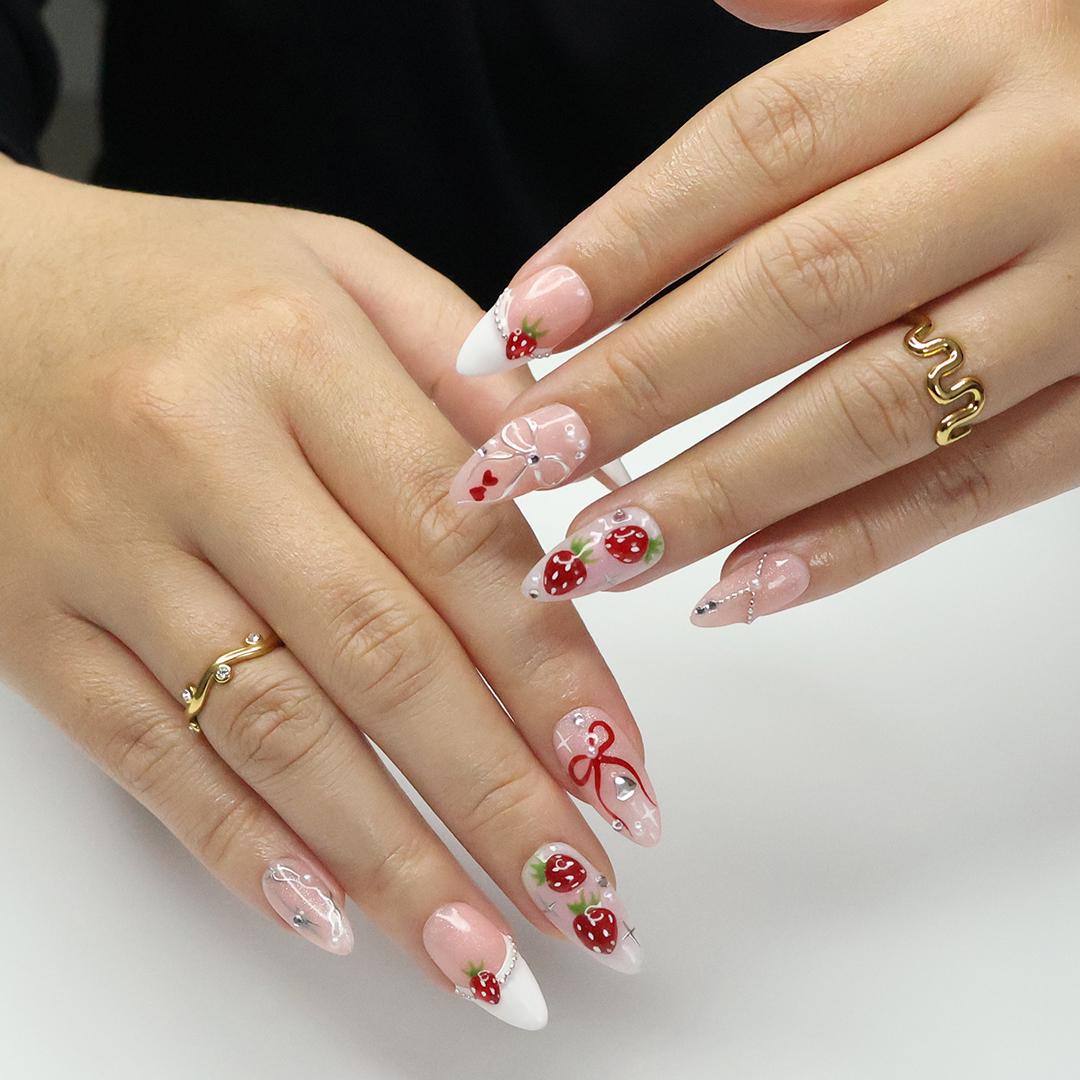 Strawberry Bow Press-On Nails With Pearls and Silver-Tone Details