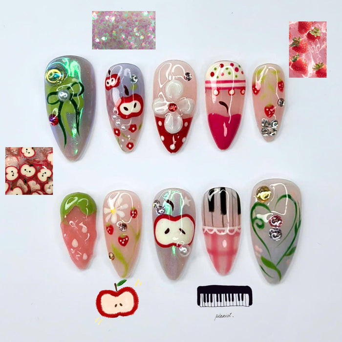 Strawberry, Cherry & Apple Fruit Press On Nail Set With Raised Flowers