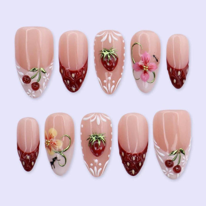 Strawberry Cherry Floral French Tip Press On Nail Set