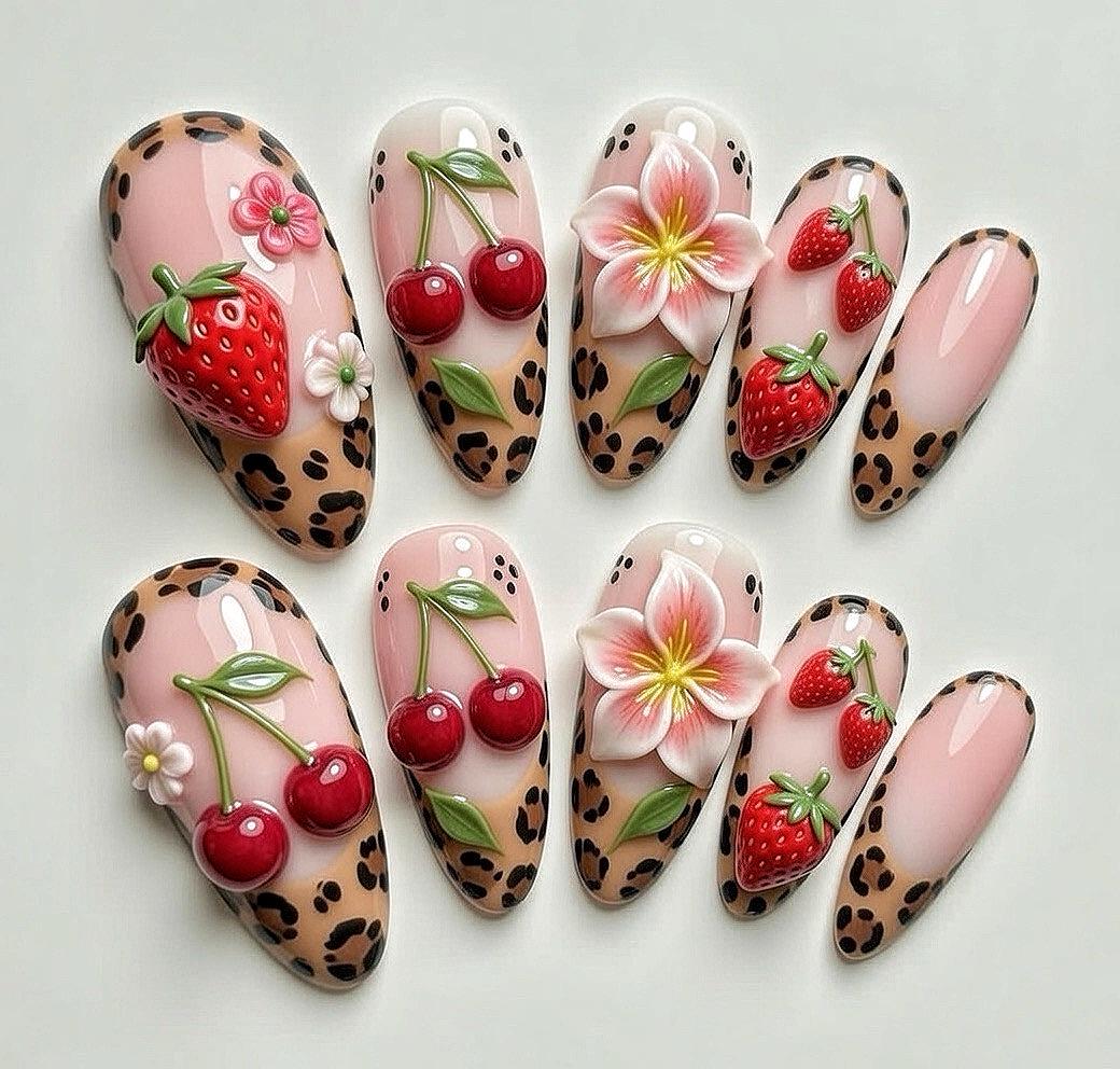 Strawberry Cherry Leopard Print Nails With 3D Flowers