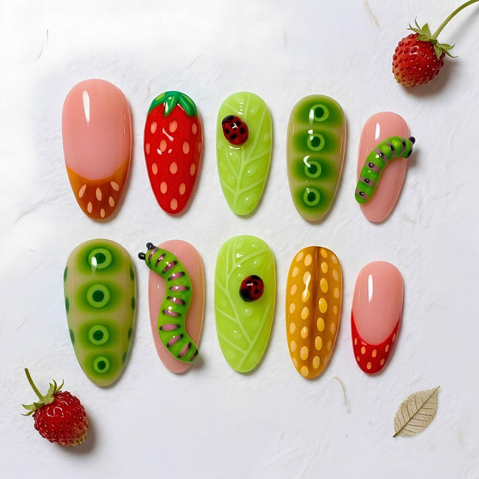 Strawberry Garden Bug Press On Nails With 3D Caterpillars and Ladybugs