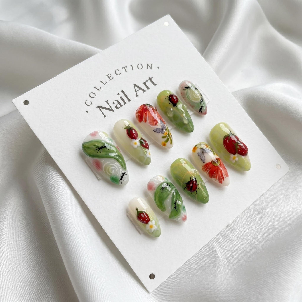 Strawberry Garden Press On Nails with Painted Flowers and Ladybugs