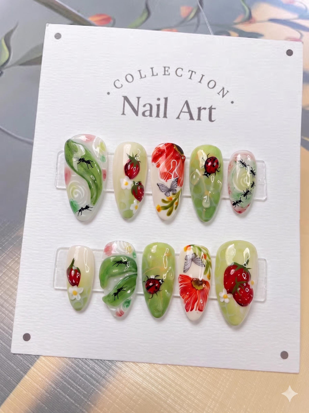 Strawberry Garden Press On Nails with Painted Flowers and Ladybugs