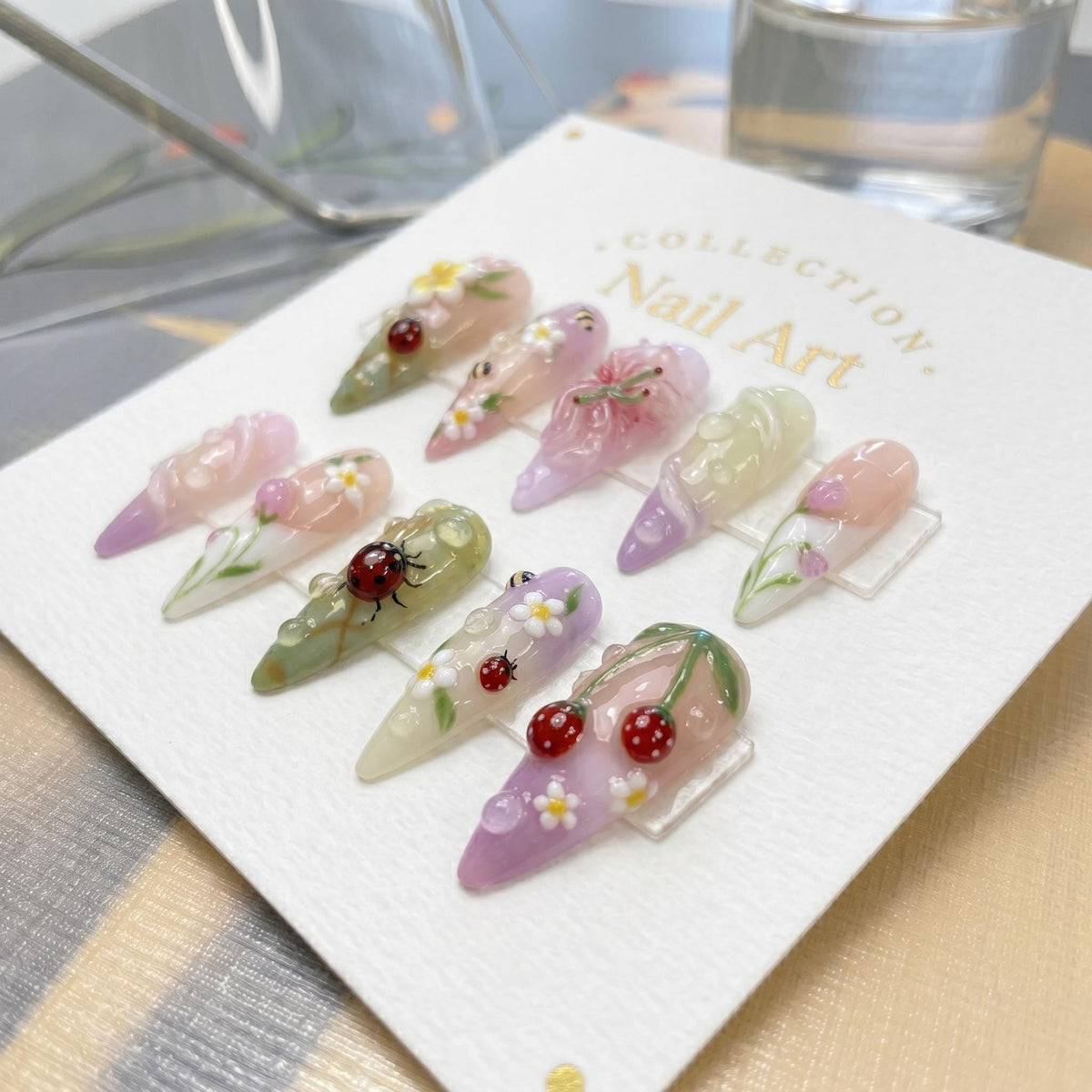 Strawberry Garden Summer Press On Nails With 3D Flowers, Bees and Ladybugs