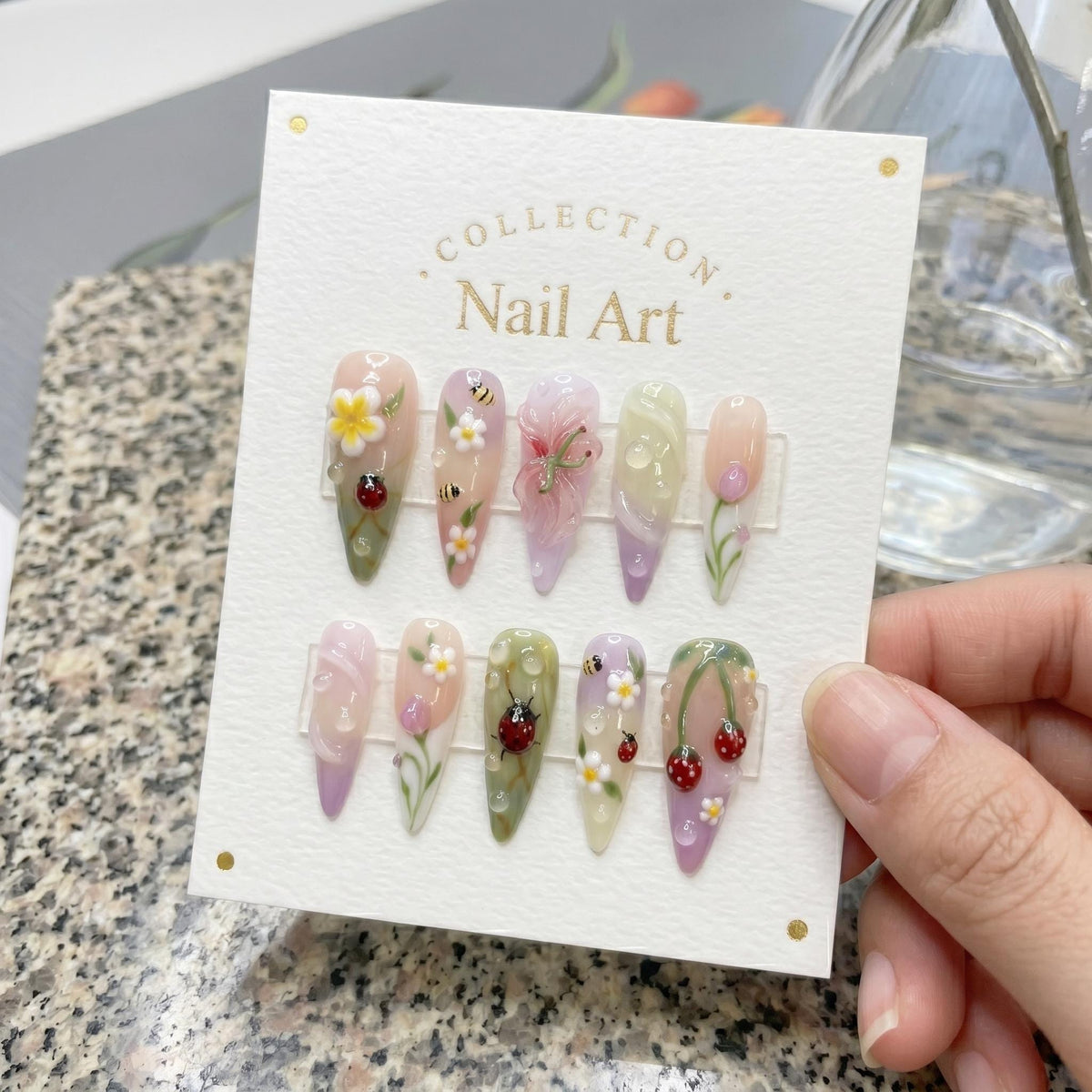 Strawberry Garden Summer Press On Nails With 3D Flowers, Bees and Ladybugs