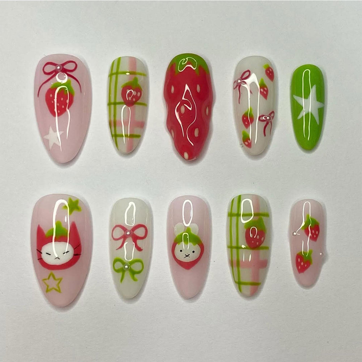 Strawberry Kitty Press On Nails With Green Plaid, Bows, and Star Accents