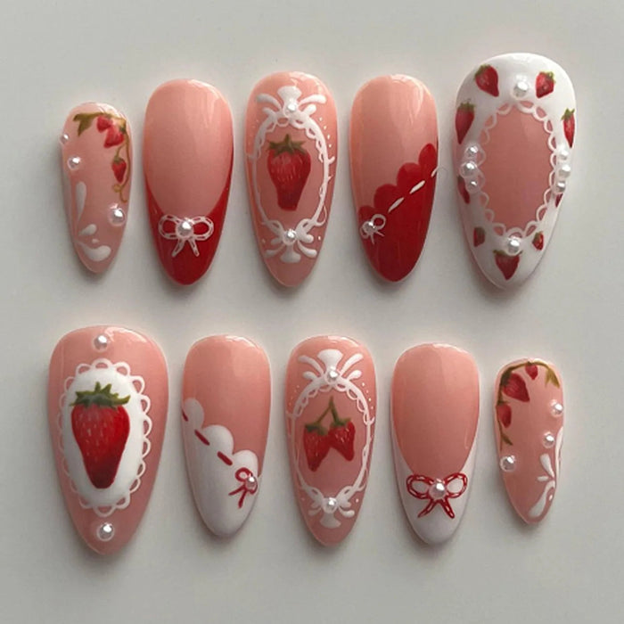 Strawberry Lace Bow Press On Nails With Pearl and Rhinestone Details