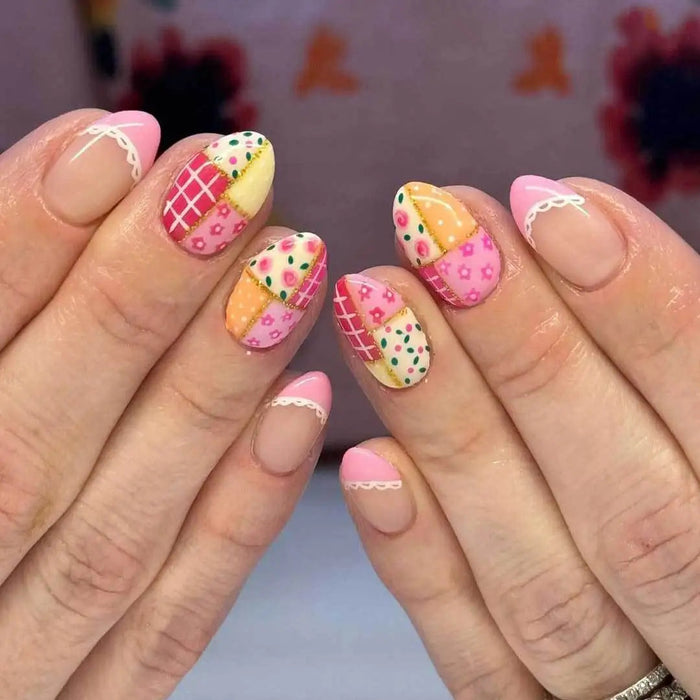 Strawberry Patchwork Nude and Pink French Tip Press On Nails