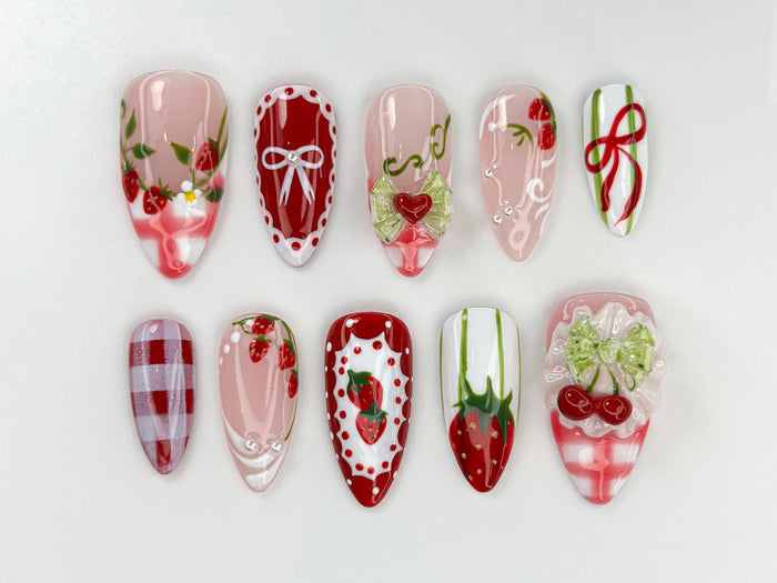 Strawberry Picnic Press On Nails With Red Gingham, Bows, and Cherry Charms