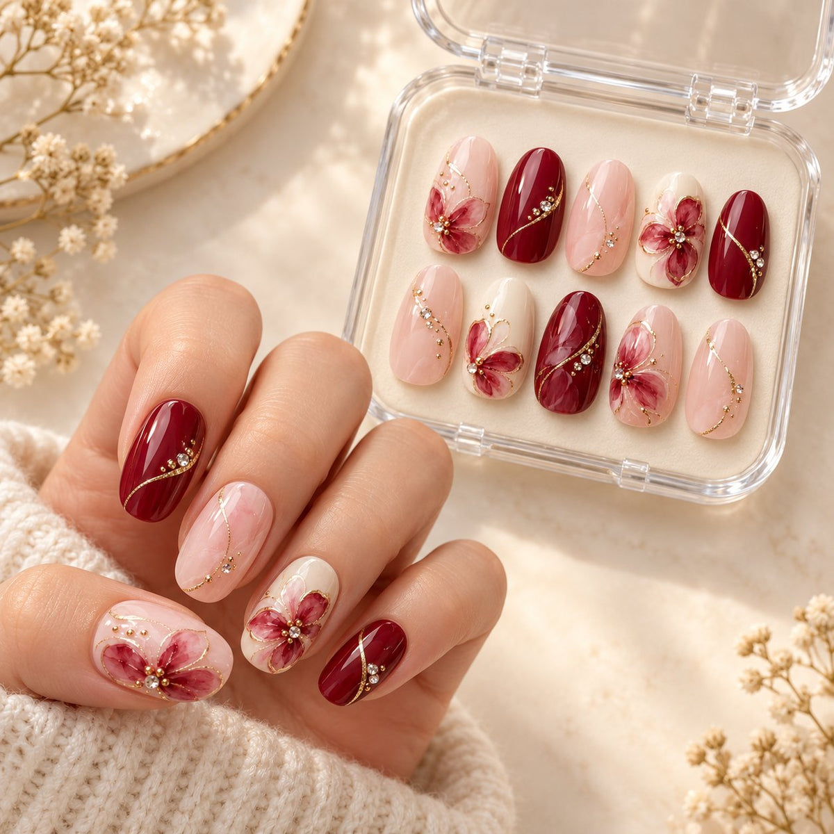 Sugarplum Floral Press On Nails with Cranberry, Blush Pink, Gold Arcs and Crystal Accents worn on hand with acrylic storage b