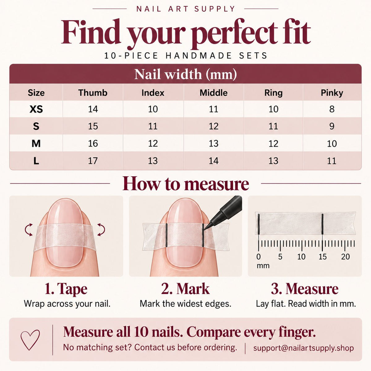Sugarplum Floral Press On Nails with Cranberry, Blush Pink, Gold Arcs and Crystal Accents size and shape guide