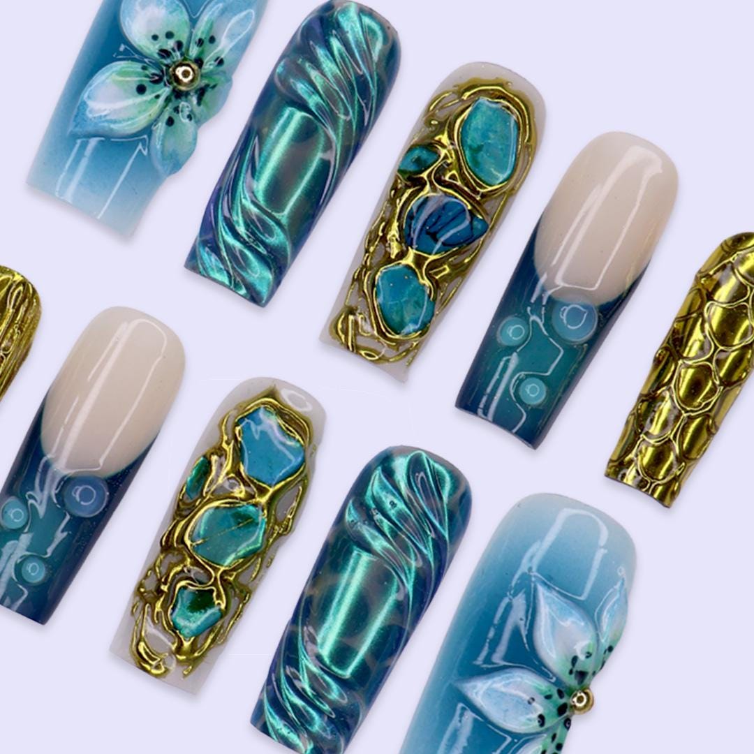 Summer Aqua Turquoise Nail Set With Gold Texture, Stone Accents and 3D Blue Flowers