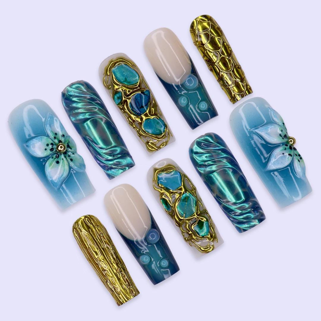 Summer Aqua Turquoise Nail Set With Gold Texture, Stone Accents and 3D Blue Flowers