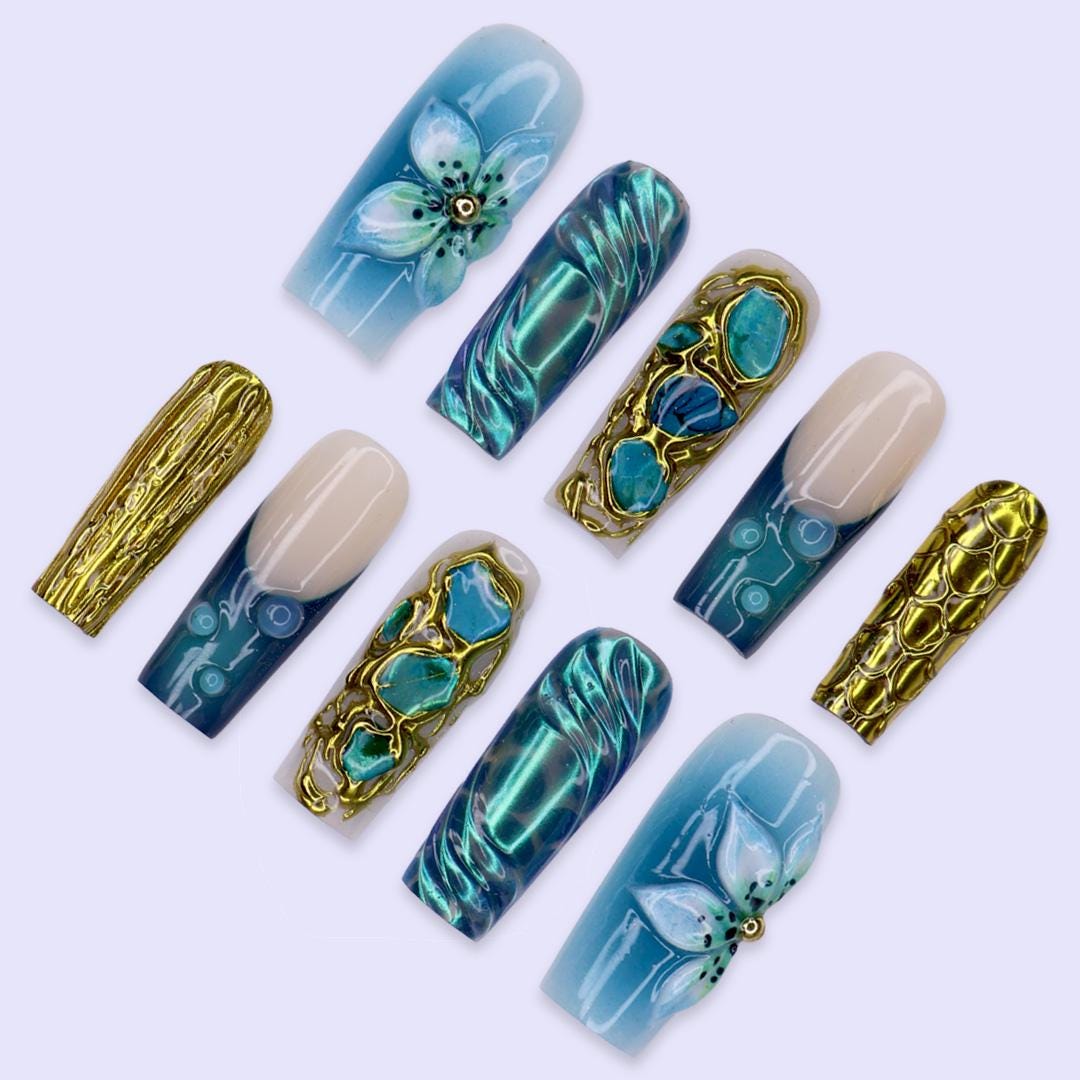 Summer Aqua Turquoise Nail Set With Gold Texture, Stone Accents and 3D Blue Flowers