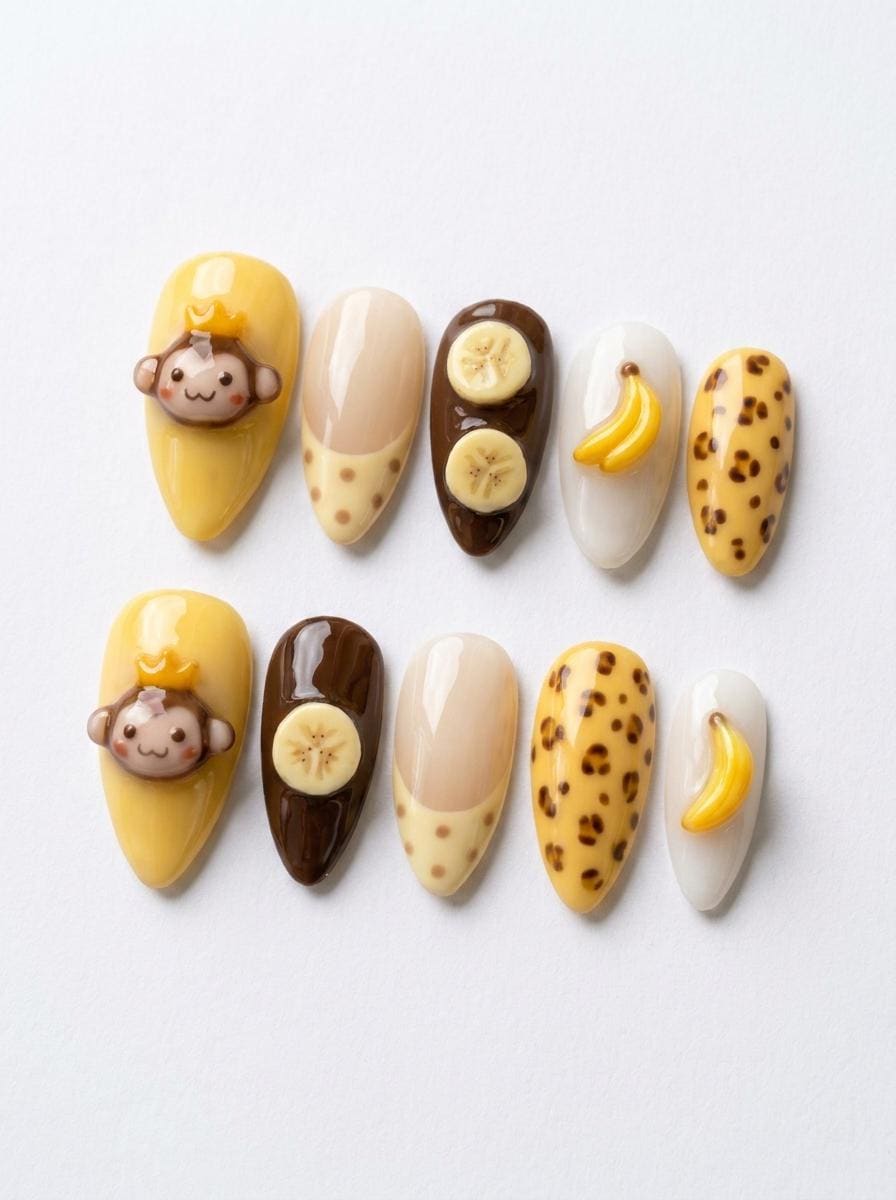 Summer Banana and 3D Monkey Nail Set with Brown Spots and Dotted Tips