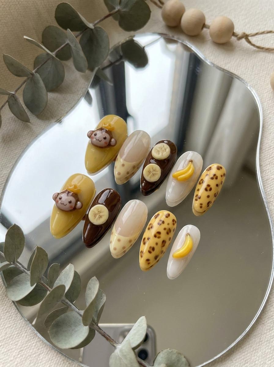Summer Banana and 3D Monkey Nail Set with Brown Spots and Dotted Tips