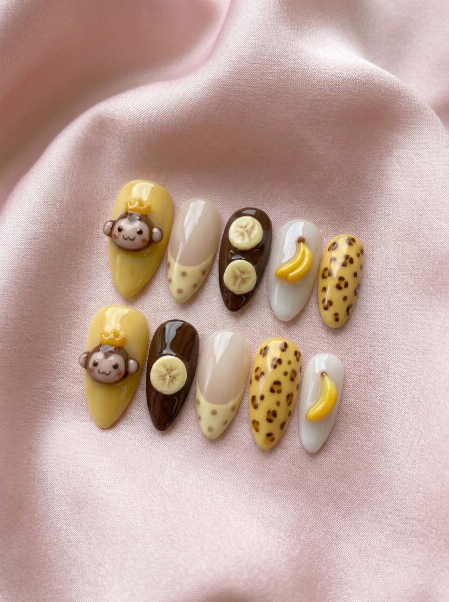 Summer Banana and 3D Monkey Nail Set with Brown Spots and Dotted Tips