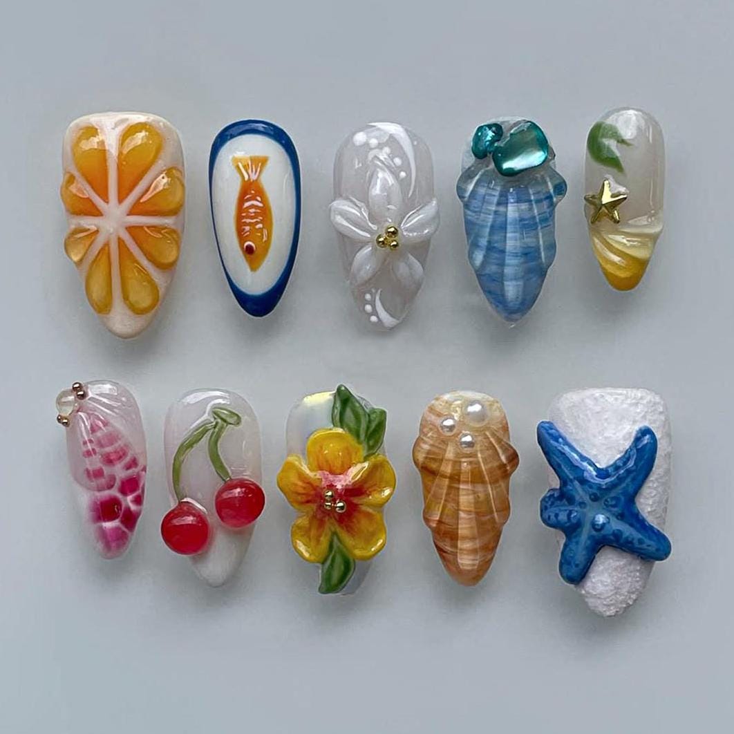 Summer Beach Citrus and Ocean 3D Nail Set