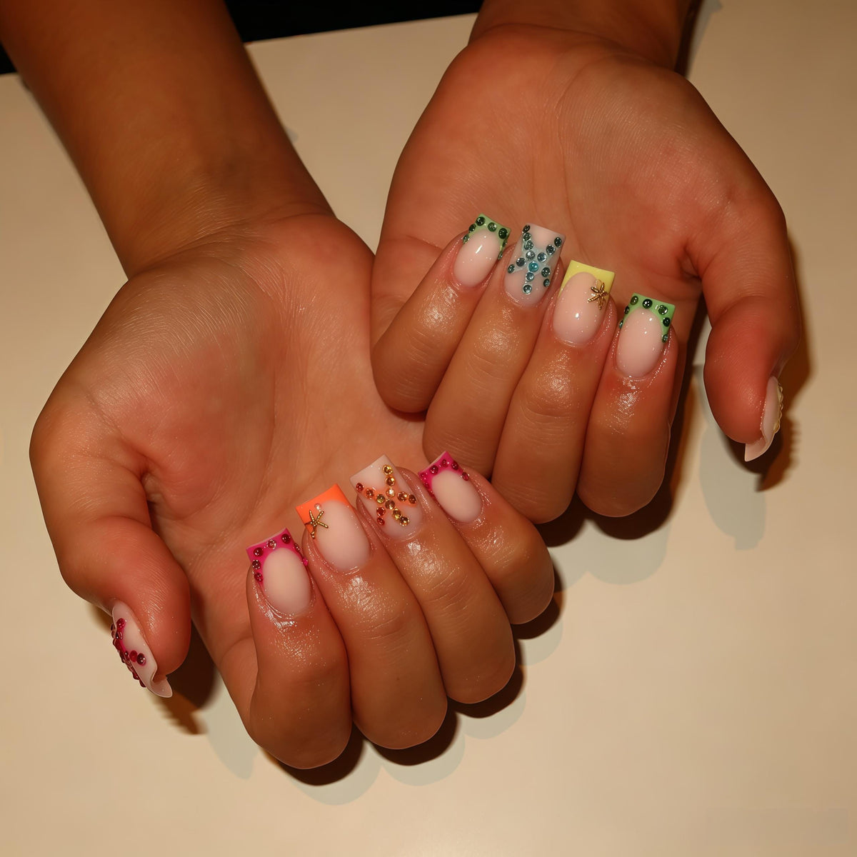 Summer Beach French Tip Nails With Rhinestones and Gold Starfish Charms