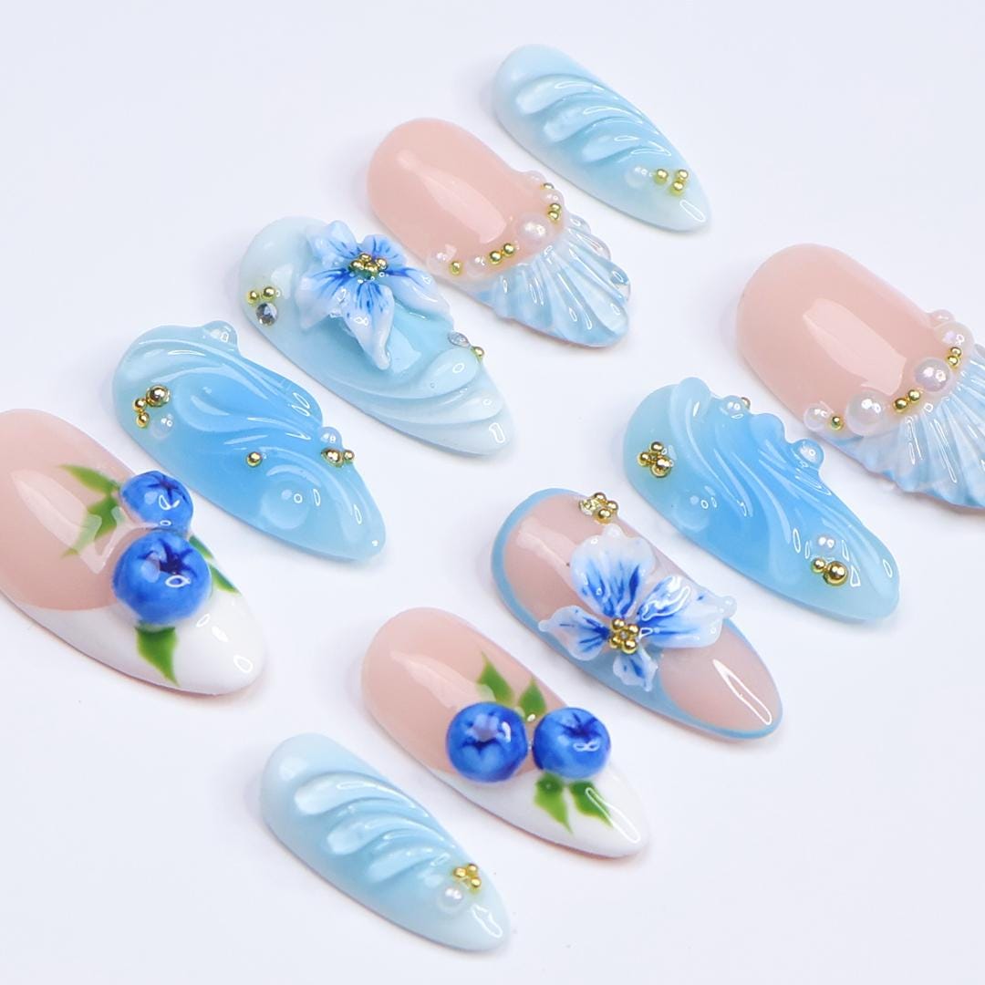 Summer Beach Holiday Blueberry and Ocean Wave Press-On Nails With Flowers and Pearl-Like Details