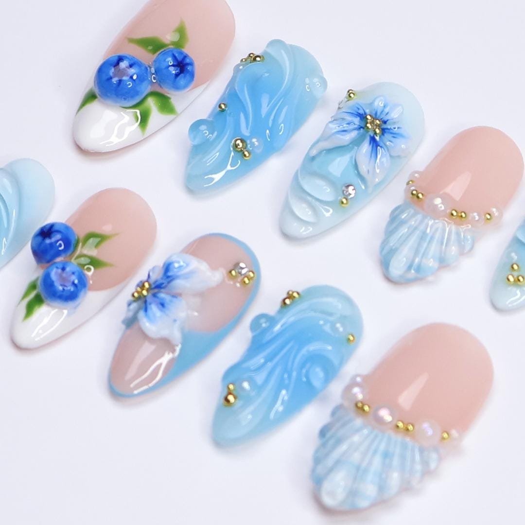 Summer Beach Holiday Blueberry and Ocean Wave Press-On Nails With Flowers and Pearl-Like Details