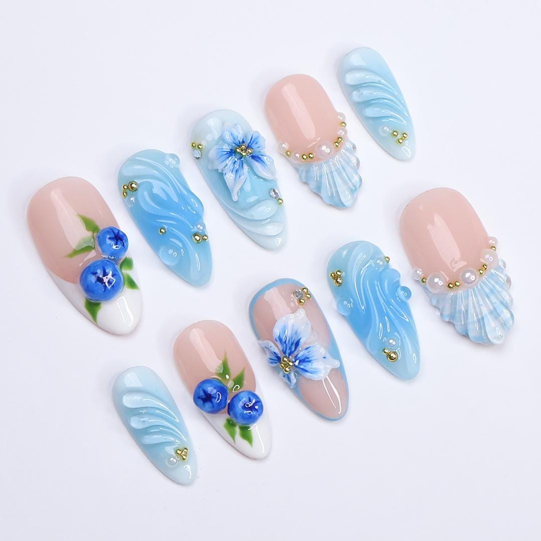Summer Beach Holiday Blueberry and Ocean Wave Press-On Nails With Flowers and Pearl-Like Details