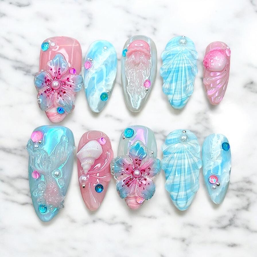 Summer Beach Mermaid Nails with 3D Shells, Flowers, and Pearls