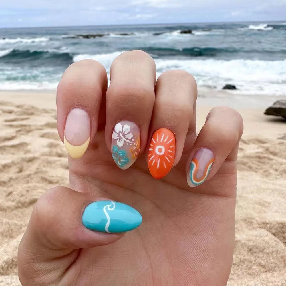 Summer Beach Nails With Sun, Waves, Flowers, and French Tip
