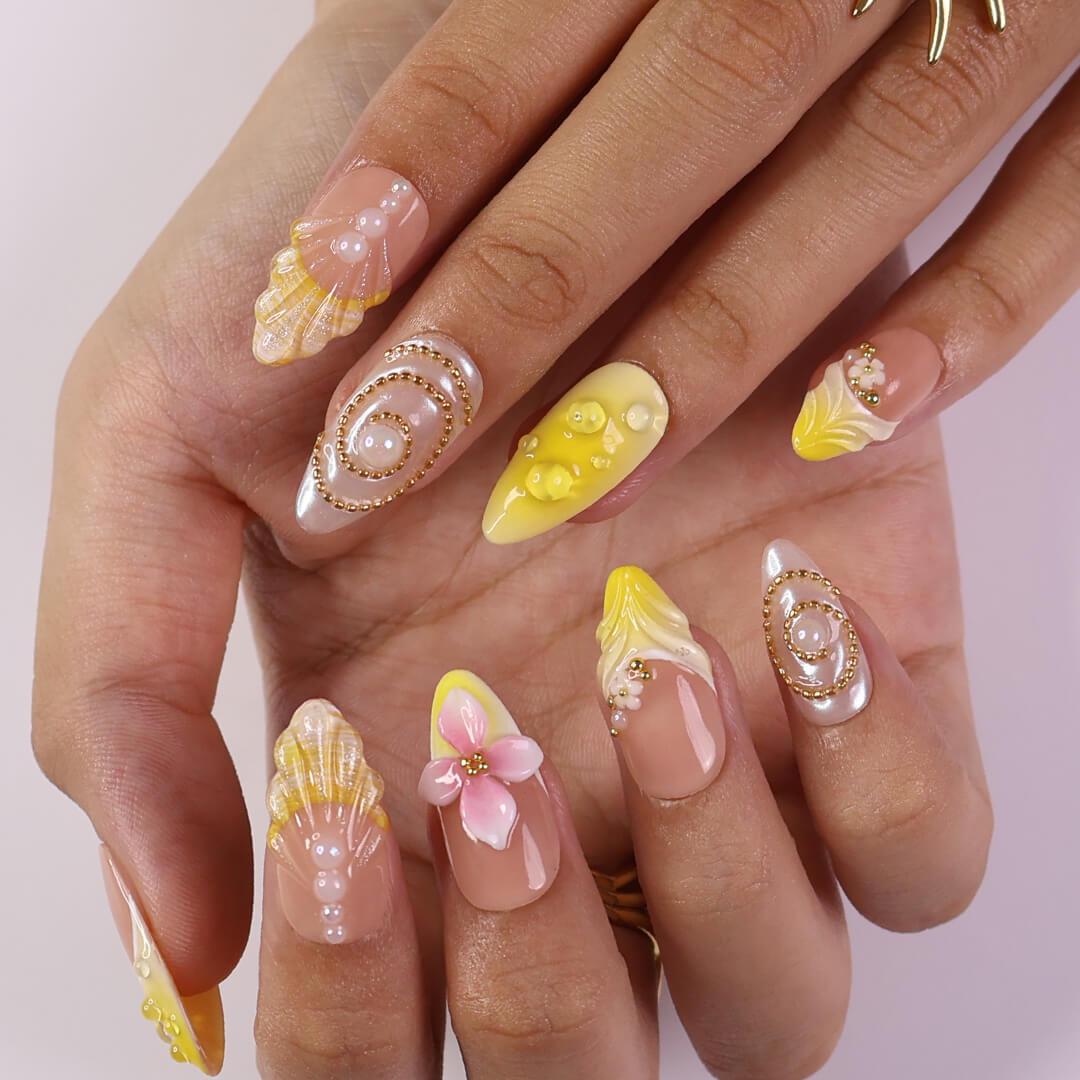 Summer Blush Pink and Yellow Seashell Flower Nails with Gold and Pearl Details