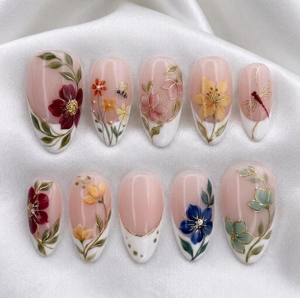 Summer Blush Pink Floral French Tip Press On Nails with Gold Outlines