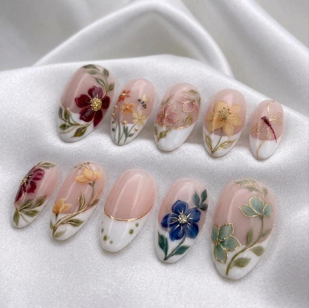 Summer Blush Pink Floral French Tip Press On Nails with Gold Outlines