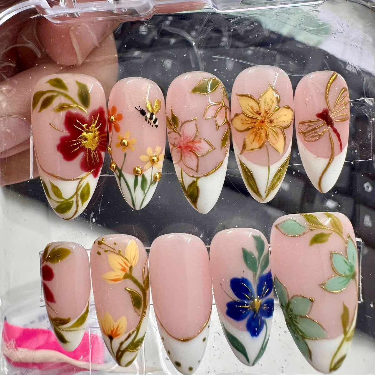 Summer Blush Pink Floral French Tip Press On Nails with Gold Outlines