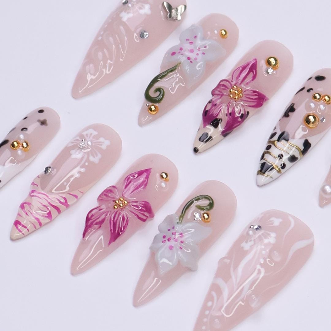 Summer Blush Pink Orchid and Leopard Print Press-On Nail Set with Rhinestones and Butterfly Charm