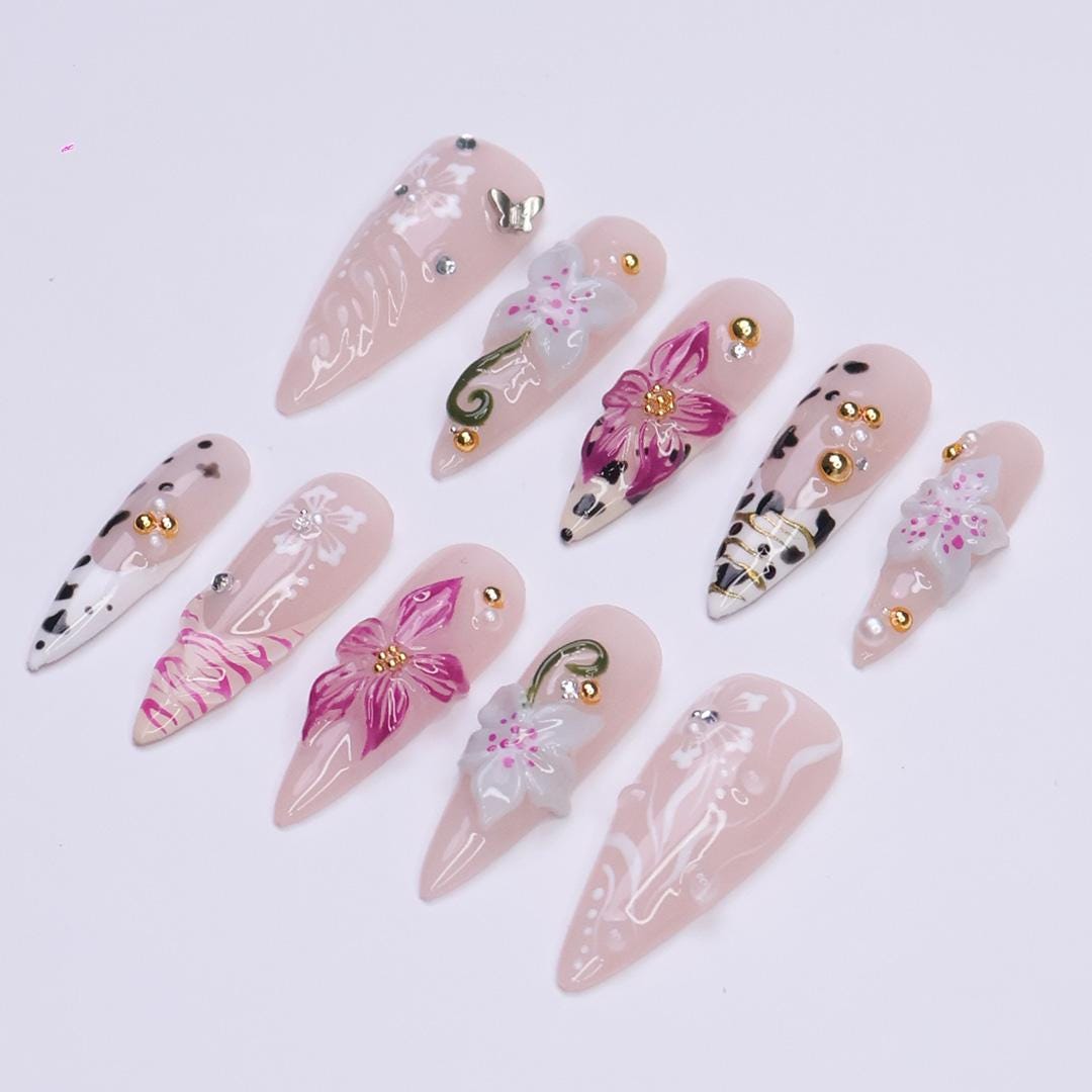 Summer Blush Pink Orchid and Leopard Print Press-On Nail Set with Rhinestones and Butterfly Charm